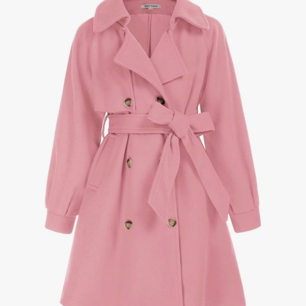 Grace Karin Pink Double Breasted Trench Coat Belted Pea Coat Girls 10